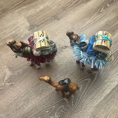 Vintage Leather Wrapped Dromedary Camel Figurine 7x8 5x6Tall Hand Tooled Set 3 - Image 1 of 4