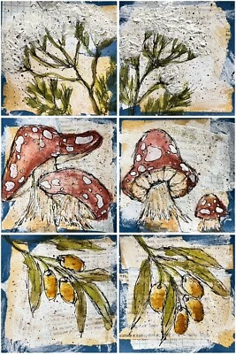 Conjunto de Pintura Original Arte Olivo Flores Silvestres Arte Setas Acuarela Boceto Foto 1 de 4