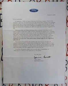 Ford Motor Company 15 de octubre de 2009 carta original accionista dividendo de acciones - Imagen 1 de 2
