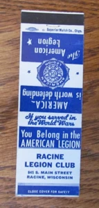 FRATERNAL AMERICAN LEGION STREICHHOLZBUCHHÜLLE: RACINE, WISCONSIN LEERES STREICHHOLZCOVER B9 - Bild 1 von 1