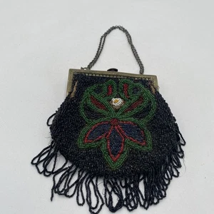 Antique 1920s Black Beaded Flapper Bag Art Deco Purse Metal Frame Chain Fringe - Picture 1 of 11