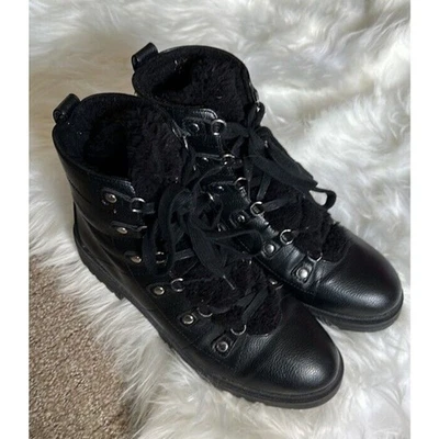 NINE WEST Weaton Fur Shoes 9.5 Black Winter Hiker Lace Up Combat Boots - Image 1 of 4