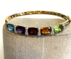 14 karat gold rainbow color faceted gemstone and diamond hinged bangle bracelet - Picture 1 of 11