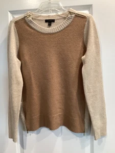 J.Crew Women's 100% Wool Sweater Small Cream Brown Crewneck Zip Detail Classic - Picture 1 of 7