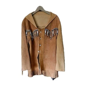 VTG Handmade Elk Leather Jacket Collar Fringe Beads Buttons Unisex Size M-L 70's - Picture 1 of 23