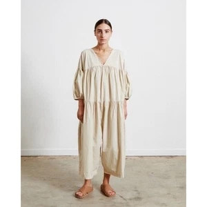 Black Crane Puff Sleeve Jumpsuit Cotton Beige Lightweight Wide Leg Pockets Sz L - Picture 1 of 10