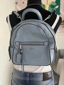 Coach Andi Pebbled Leather Convertible Backpack Sky blue Purse Logo charm - Picture 1 of 15