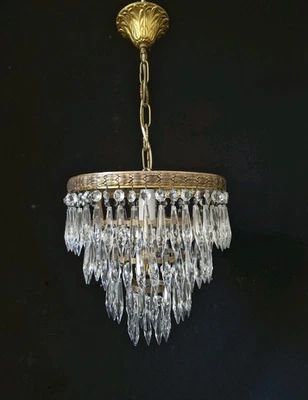 Antique Vintage Brass & Crystals French Empire Chandelier Ceiling Fixture  - Image 1 of 4