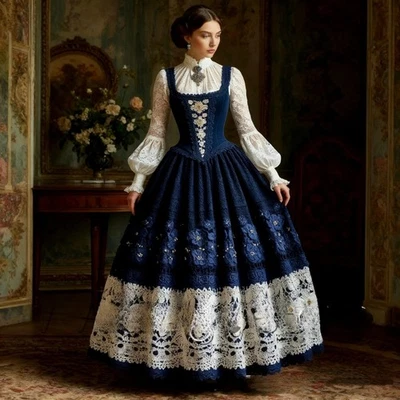 Винтажный Ренессанс выпускного платья высоты шеи плиссированные кружева цветочный вечерние платья - Изображение 1 из 4