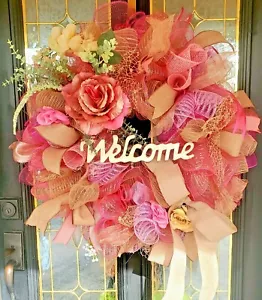 Spring Wreath Large Pink Burlap Front Door Wall Cottagecore Farmhouse Decor - Picture 1 of 8