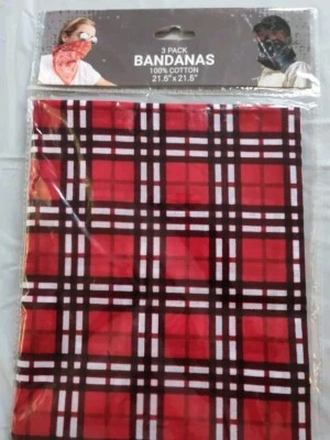  Bandanas  Black, White & Red squares 100% Cotton 21.5"x21.5" 3 Pack - Image 1 of 3