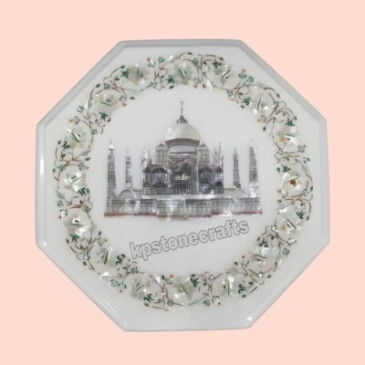 Octagonal White Marble Bedside Table Inlaid with Mother of Pearl – Taj Mahal Ins - Image 1 of 4