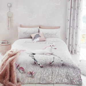 Juego de ropa de cama individual unicornio y funda de almohada Catherine Lansfield rosa - Imagen 1 de 4