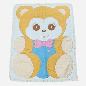 Vintage Quilted Teddy Bear Lace Trim Blanket 46 x 35 Nursery Baby Cute Kawaii - - Picture 1 of 13