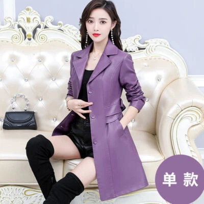 Autumn Long Women's Leather Windbreaker Belt Ladies Leather Trench Coat XXS-4XL - Image 1 of 2