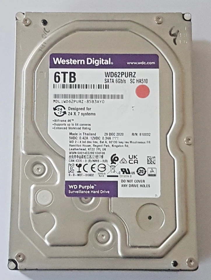 6 TB SATA Western Digital Purple WD62PURZ-85B3AY0 5640rpm 128MB 3.5 " Hard Drive - Image 1 of 1