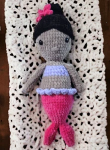 Crochet Pink & Purple Mermaid Plushie with Flower and Hair Bun New Handmade - Picture 1 of 2