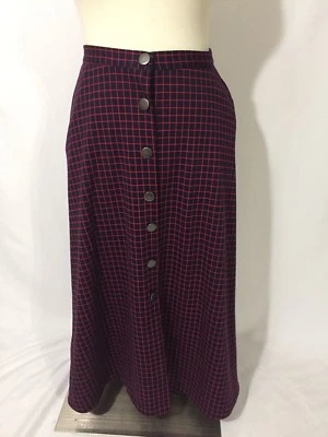 NEW NY Collection Retro Navy Blue Pink Windowpane Plaid Button Down Aline Skirt  - Image 1 of 4