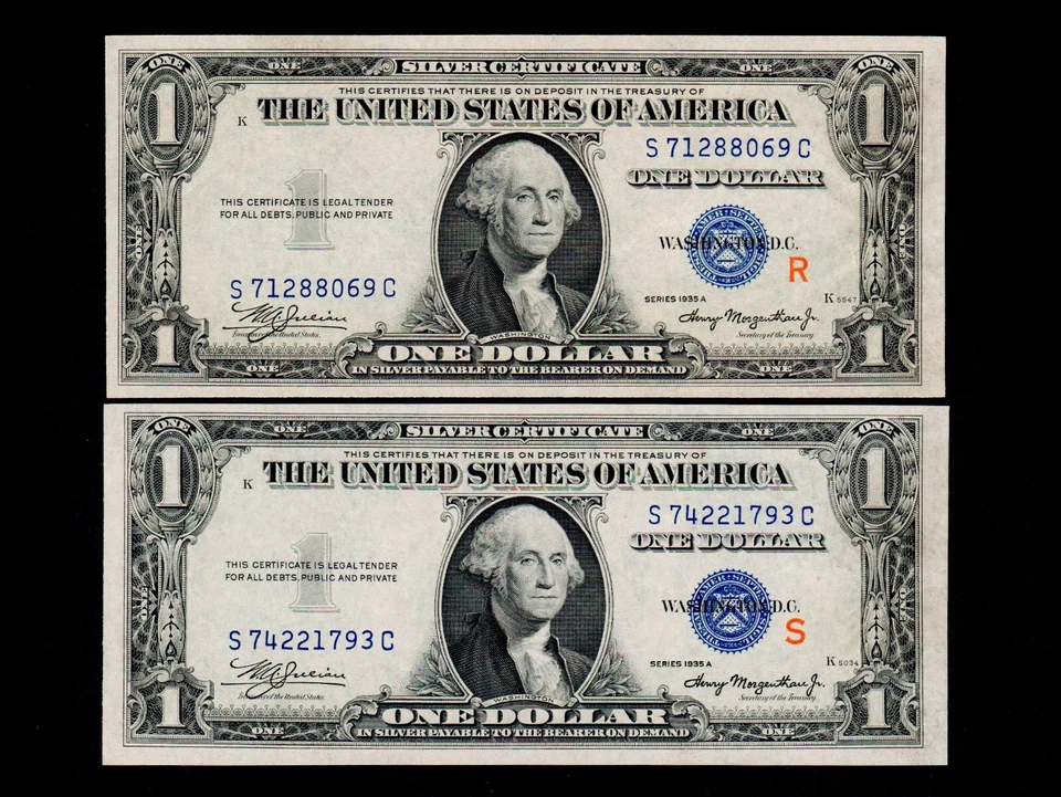 One pair $11935-A ((S))+1935-A ((R)) Uncirculated Silver Certificate (H72) - Image 1 of 2