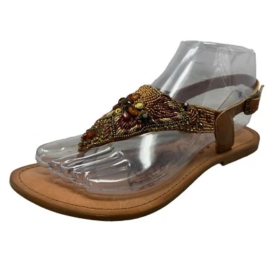 Naughty Monkey Sandal Tee Strap Sling Back Brown Leather Embellish Women's Sz 6 - Image 1 of 4