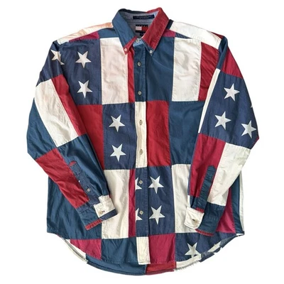 VTG Tommy Hilfiger Shirt Size Large USA American Flag Patchwork Patriotic 90s - Image 1 of 4