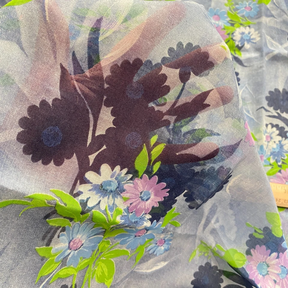 1.3 YD Vintage Floral Georgette Fabric Blue Sheer - Image 1 of 4