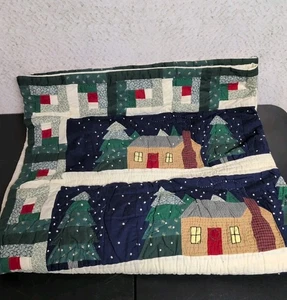 Vintage Quilt Winter Scene with Hand Stitching 48 x 58 Holiday Homes Trees - Picture 1 of 12
