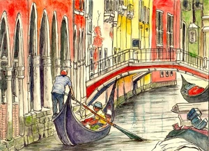 Venedig Kanal Kunstdruck, Italienischer Kunstdruck, Venezianischer Kanalbootsmann, Venedig Italien - Bild 1 von 1