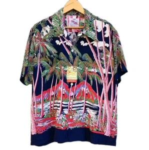 DUKE KAHANAMOKU Hawaiian Shirt Navy Palm Diamond Head 1950s Repro Japan NWT Boxe - Picture 1 of 19