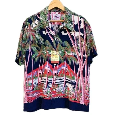 DUKE KAHANAMOKU Hawaiian Shirt Navy Palm Diamond Head 1950s Repro Japan NWT Boxe - Image 1 of 4