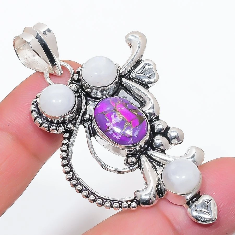 Copper Turquoise & Moonstone Gemstone 925 Sterling Silver Pendant Size 2.5" - Image 1 of 1