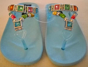 Girls GRANDCO SANDALS Beach Pool THONG BLING BLUE Dressy Beaded GIRLS Flip Flops - Picture 1 of 2