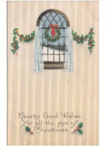 Hearty Good Christmas Wishes, Holly Garland & Wreath, Vintage 1922 Postcard - Picture 1 of 2