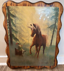 Vintage Unicorn Mystical Fantasy Wood Panel Painting Leprechaun Unicorn Lacquer