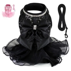 Cute Dog Dress Puppy Skirt Luxury Bow Wedding Lace Dress Harness and Leash set - Picture 1 of 16