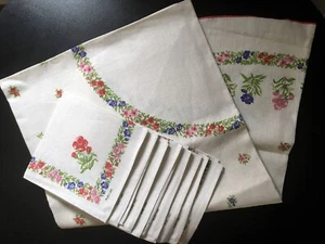 Vintage Italian Pure Linen Hand-Stamped Round Tablecloth & 8 Matching Napkins - Picture 1 of 16