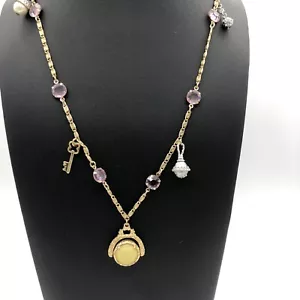 Nice Goldette Yellow Fob Spinner Necklace Chain Pendants Purple Rhinestones 20" - Picture 1 of 11