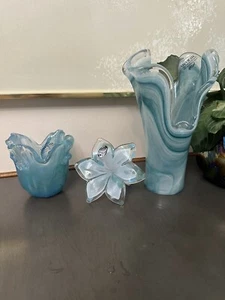 Blue Swirl Murano Glass Lot Vase Flower Swirl Bowl Set Of 3 - Picture 1 of 10