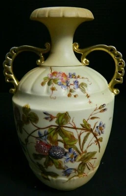 Antique RW Royal Rudolstadt Germany H Paint Double Handled Floral Porcelain Vase - Image 1 of 4