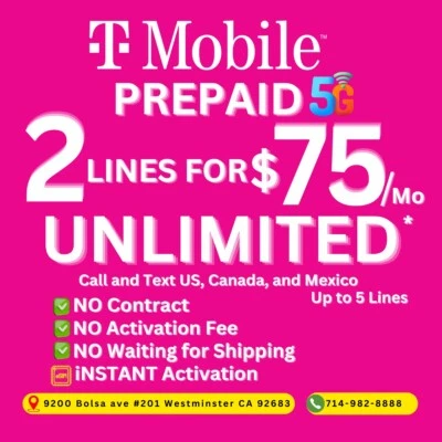 T-Mobile 2 lines For $75 Unlimited Plan For 30 Days (1 Months ) Instant Activate - Image 1 of 4
