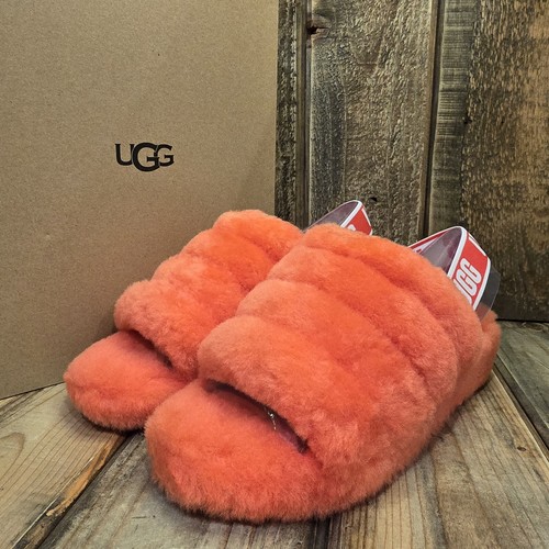 UGG FLUFF YEAH SLIDE LANA PANTOFOLA SANDALO ARANCIONE ROSSO RIBES DONNA US 7