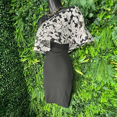 VAVAVOOM Dress Women Small Black Fitted One Shoulder Sequins Layered  1006 - Image 1 of 4