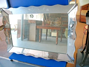 VENETIAN MIRROR w/ SCALLOPED ETCHED FLORAL BOARDER DECO STYLE 60'' X 40'' - Picture 1 of 8