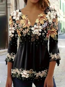 Fashion Women Floral Print V Neck T-Shirt Casual Flutter Sleeve Clothing Black - Picture 1 of 4