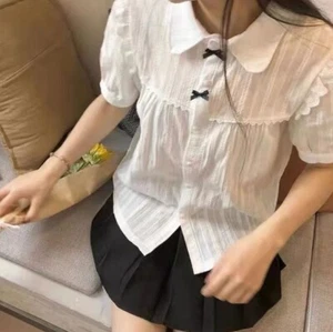 Women White Lolita Lace Blouse Gothic Peter Pan Collar Short Sleeve Shirt - Picture 1 of 11