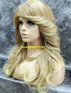 FULL WIG LONG LAYERED WAVY SIDE BANGS MEDIUM BLONDE MIX HEAT OK NWT - Picture 1 of 9