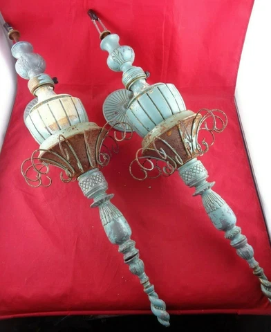 Pair Antique/Vtg 1900s Metal Electric Wall Sconces Lamps Lights LARGE Victorian Cover