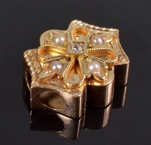 ANTIGUO VICTORIANO ORO 14K DIAMANTE PERLA DIAPOSITIVA GRANDE PARA COLLAR C.1890 - Imagen 1 de 4