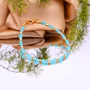 Bracciale donna ottone regolabile pietra preziosa tonda sfaccettata acquamarina blu 3 mm - Foto 1 di 4