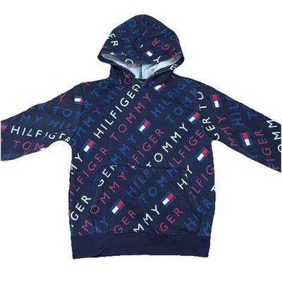 Moletom com capuz Tommy Hilfiger juvenil masculino tamanho M azul/vermelho/branco estampa por toda parte - Imagem 1 de 4